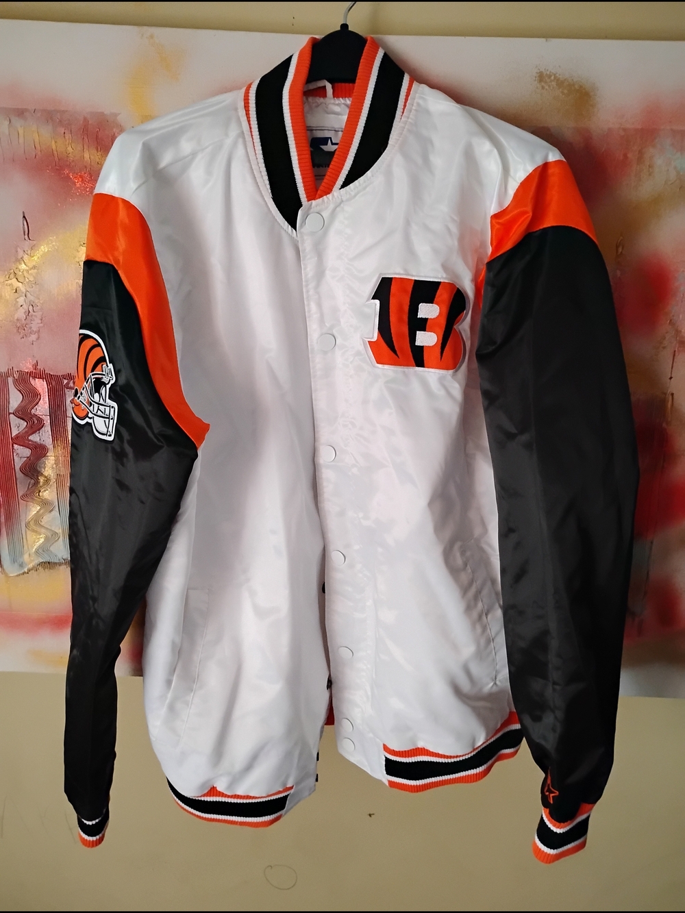 STARTER White, Black & Orange Satin Varsity Jacket